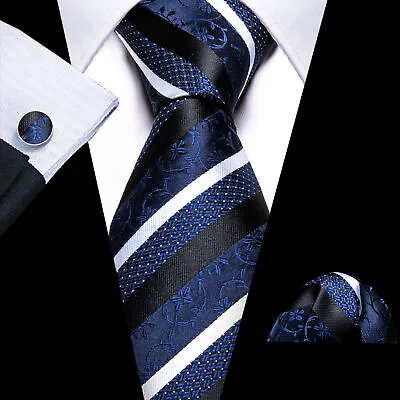 Mens Tie Classic Silk Necktie Pocket Square Cufflinks Set Paisley Floral Wedding • £8.39