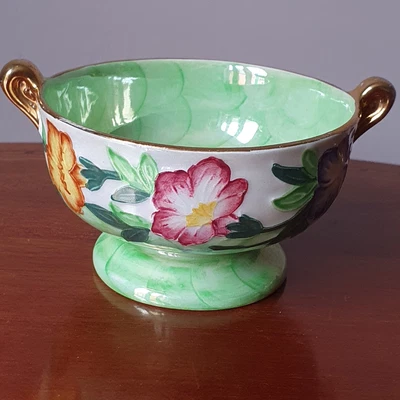 £10 • Buy Vintage Maling Pottery Lustre Ware Floral Green Gilded Handled  Footed Bowl 