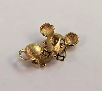 Vintage Avon Mouse With Movable Glasses Gold Tone Brooch Pin Rhinestone Eyes • $11.99