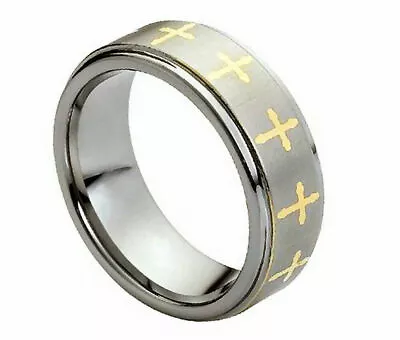 8mm Men's Or Ladie's Tungsten Carbide Brushed With Gold Cross Wedding Band Ring • $22.46