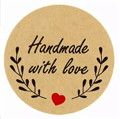 Round Hand Made With Love Labels Stickers Red Heart Kraft Handmade Sticker • £0.99