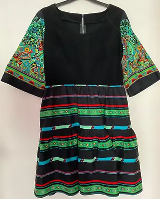Vintage 60s 70s Psychedelic Paisley Flared Sleeve Black Corduroy Short Dress 12 • £24.99