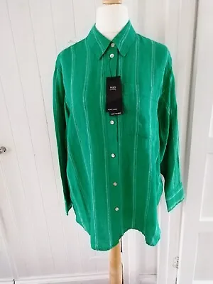 Ladies Marks And Spencer Green Linen Stripe Shirt Size 14 NWT • £8.99
