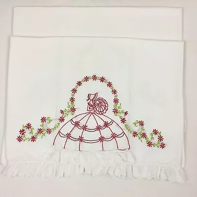 VTG Embroidered Pillowcases Lady Southern Belle Bonnet Umbrella Floral Eyelet • $25