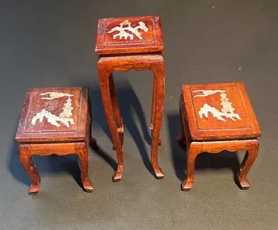 Set 3 Wood Dollhouse Miniature Furniture Table Mop Inlay Pearl Antique Vintage • $4.99