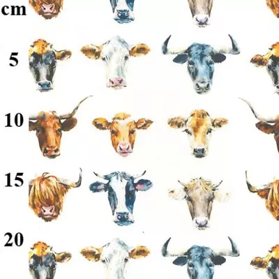 100% Cotton Digital Fabric Rose & Hubble Cow Faces Farm Animals Cows 150cm Wide • £4.75