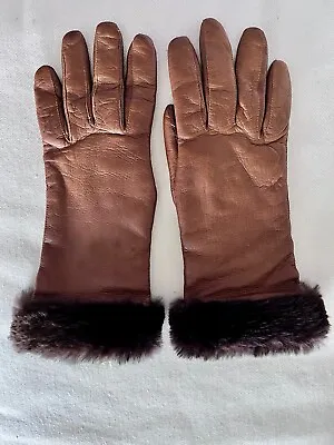 Made In Italy Genuine Leather/ Fur Lined Brown Gloves Fur Trim Size 6 1/2 • $17.95