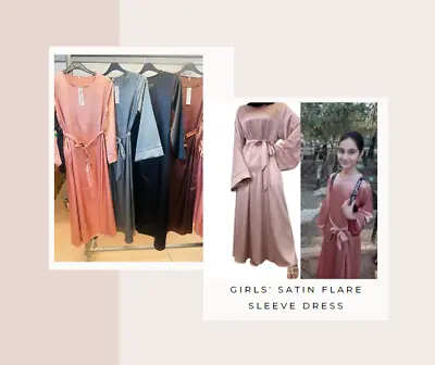 Girls Satin Children' Kids Flare Sleeve Dress Ramadan Abaya Jilbab Black Pink • £18.99