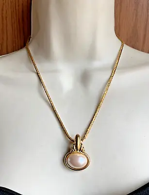 Vintage Signed Monet Large Faux Pearl Oval Pendant Gold Chain Art Deco Style • $24.95