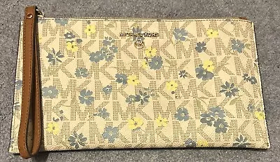 Michael Kors Zip Clutch Wristlet Bag Vanilla/Luggage/Floral MK Logo • $29.99