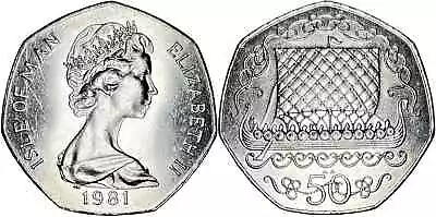 1981 PM Isle Of Man 50 Pence Viking Long Ship Coin UNC KM# 70.N • $19