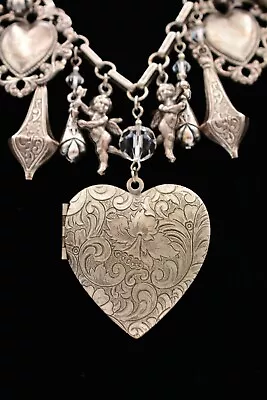 Vintage Charm Necklace Locket Heart Cherub Angel Silver Chunky Antique Bin3C • $51.96