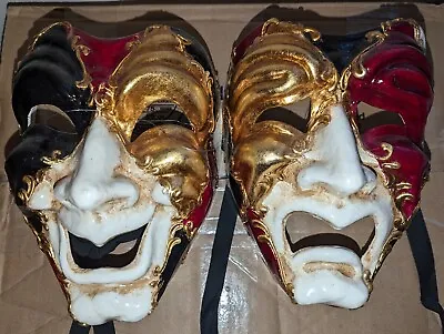 Venetian Masks Made In Venice Italy! Hand Painted Frown & Smile Pair  • $250
