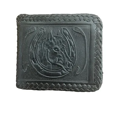 Vintage Hand Tooled Black Leather Horses Scene Wallet Billfold • $23.99