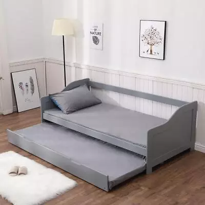 Naples Single Grey 3ft Wooden Day Bed With Pull Out Trundle Guest Bed Pine • £127.99