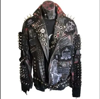 Men Spiked Biker Leather Steam Punk Alice Cooper Jacket Gothic Jacket • $367.99