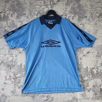 Vintage 90s Umbro Imprint Football Mens Medium Blue Polo T Shirt Made Hong Kong • £29.95