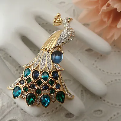 Vtg Swarovski Swan Stamp Peacock Bird Blue Green Crystal Gold Tone Pin Brooch • $199.95