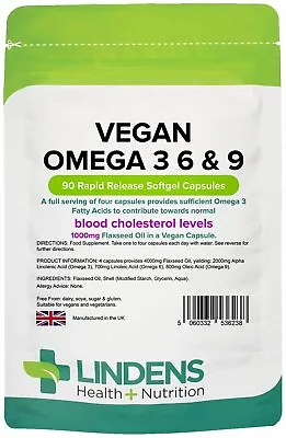 Vegan Omega 3 6 & 9 1000mg X 90 Capsules; Flaxseed Oil; Lindens • £9.12