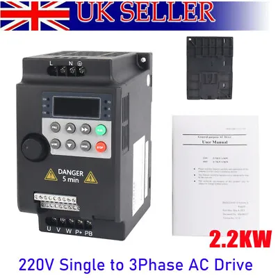 VFD Frequency Speed Controller 2.2KW 220V Single To 3Phase Motor Inverter Black • £60.99