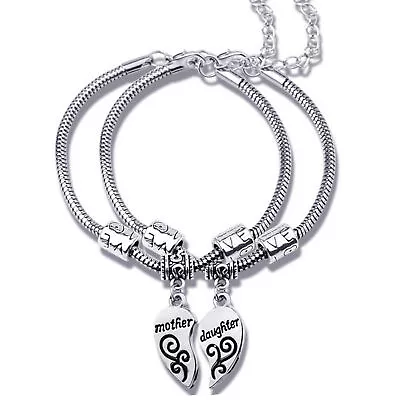 Mom Daughter Matching Silver Heart Charm Bracelet Set Mothers Day Gift • $9