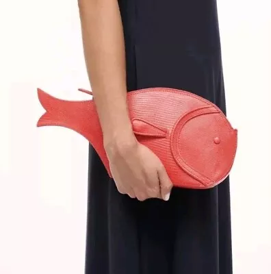 NWT Staud Pesce Fish 3 Dimensional Leather Clutch Bag Purse In Red Rose • $319.99