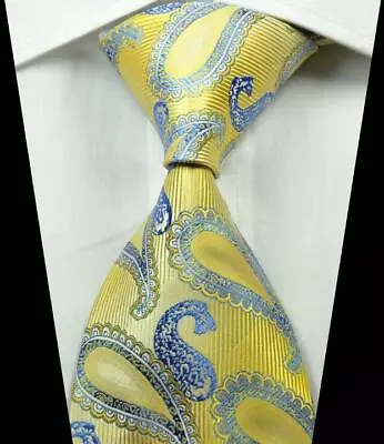 Hot Classic Paisley Yellow Blue JACQUARD WOVEN 100% Silk Men's Tie Necktie • $9.99