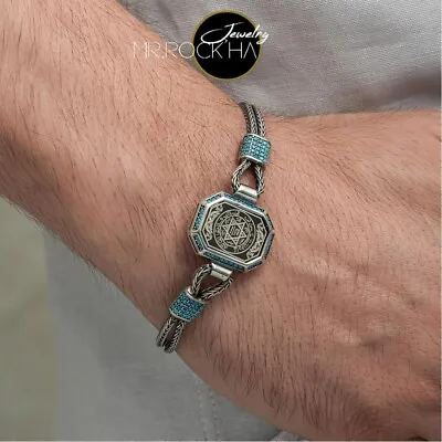 Seal Of SolomonStar Of DavidTurquoise StoneFoxtail925 Silver Men's Bracelet • $249.99