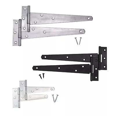 Tee Hinges Gate Shed PAIR +SCREWS Galvanised Zinc Black Door Heavy Duty  4 -24  • £10.90