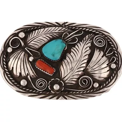 Sterling Silver Turquoise Coral Native American Cowgirl Vintage Belt Buckle • $215