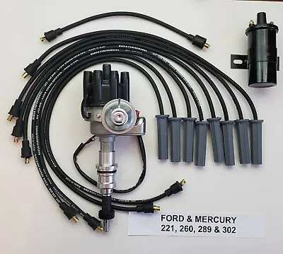 FORD 289 302 SMALL FEMALE HEI DISTRIBUTOR + COIL + 8.5mm BLACK SPARK PLUG WIRES • $181.95