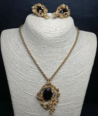 Vintage Chain Necklace/Pendent & Earrings Set Black Lucite Cabochon. 10037 • $26.99