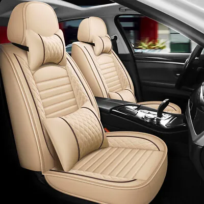 $85.40 • Buy 5-Seats Car Seat Covers PU Leather Front Rear Cushion Full Set Universal Beige