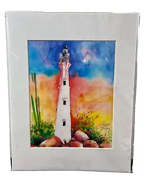Aruba Matted Watercolor Artwork By Sonya Lemminga-Martis Signed Lighthouse • $40