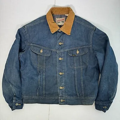 Vintage Lee Jacket Mens Storm Rider Blanket Lined Denim Trucker Corduroy Collar • $161.99