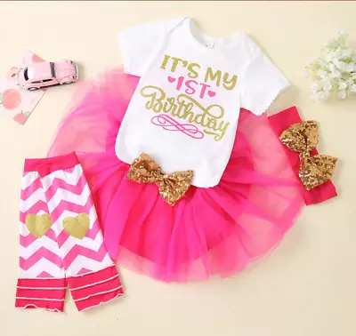 Baby Girl Hot Pink Romper 4 Piece First Birthday Outfit Tutu Set Cakesmash • $39.99