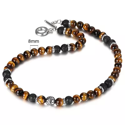 8mm Natural Tiger Eye Lava Bead Necklace Stainless Steel Toggle 24  Men's Chain • $9.35