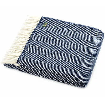 TWEEDMILL TEXTILES KNEE RUG 100% Wool Sofa Bed Throw Blanket FISHBONE NAVY CREAM • £41.95
