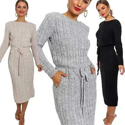 £14.95 • Buy New Women's Cable Knit Long Sleeve Pocket Tie Up Ladies Midi Jumper Dress 8-14