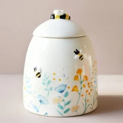 Blue Floral Bee Ceramic Storage Jar Embossed Bee Storage Pot Kitchen Canister • £12.95