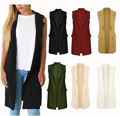 Women Ladies Sleeveless Crepe Mock Open Long Waistcoat Flap Pockets Top Jacket • £14.99