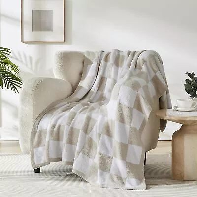 Beige Checkered Throw Blanket 50x70 Inch Tan Cream And White Taupe Microfiber... • $39.50