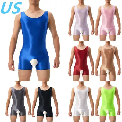 US Mens Oily Glossy Bodysuit One Piece Open Crotch Sleeveless Jumpsuit Swimwear  • $7.69