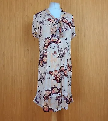 NEXT Dress Beige Purple Butterfly Print Sheer Lined Knee Length Tie Neck UK 14T • £10.20