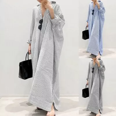 Women's Casual Loose Cotton Linen Maxi Shirt Dress V Neck Kaftan Tunic Tops • $48.96