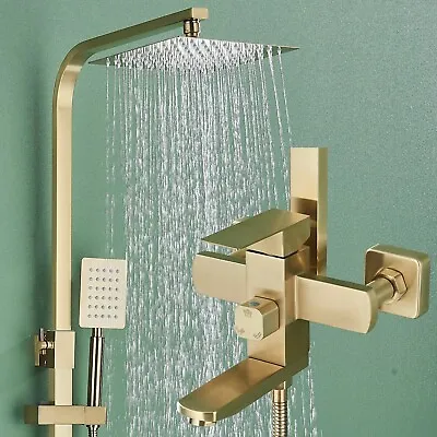 Modern Exposed Shower Mixer Twin Head Bar Set Bathroom Square Valve Brushed Gold • £119