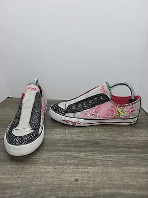 Women’s Ed Hardy Designs Canvas Shoes Pink Silver Black Birds Size 10 • $49.99