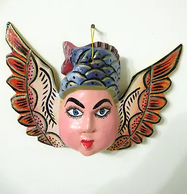 Vtg Mexico Guerrero Carved Wood Hp Winged Cherub Fish Wall Mask Mexican Folk Art • $77.50