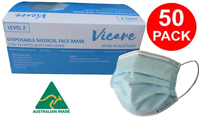 Disposable Face Mask Level 2 (Australian Made) 3 Ply - 50pcs • $9