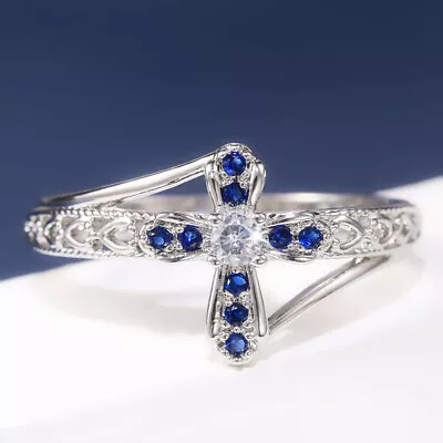 Elegant Cross 925 Silver Filled Ring Women Cubic Zircon Wedding Jewelry Sz 6-10 • £3.02